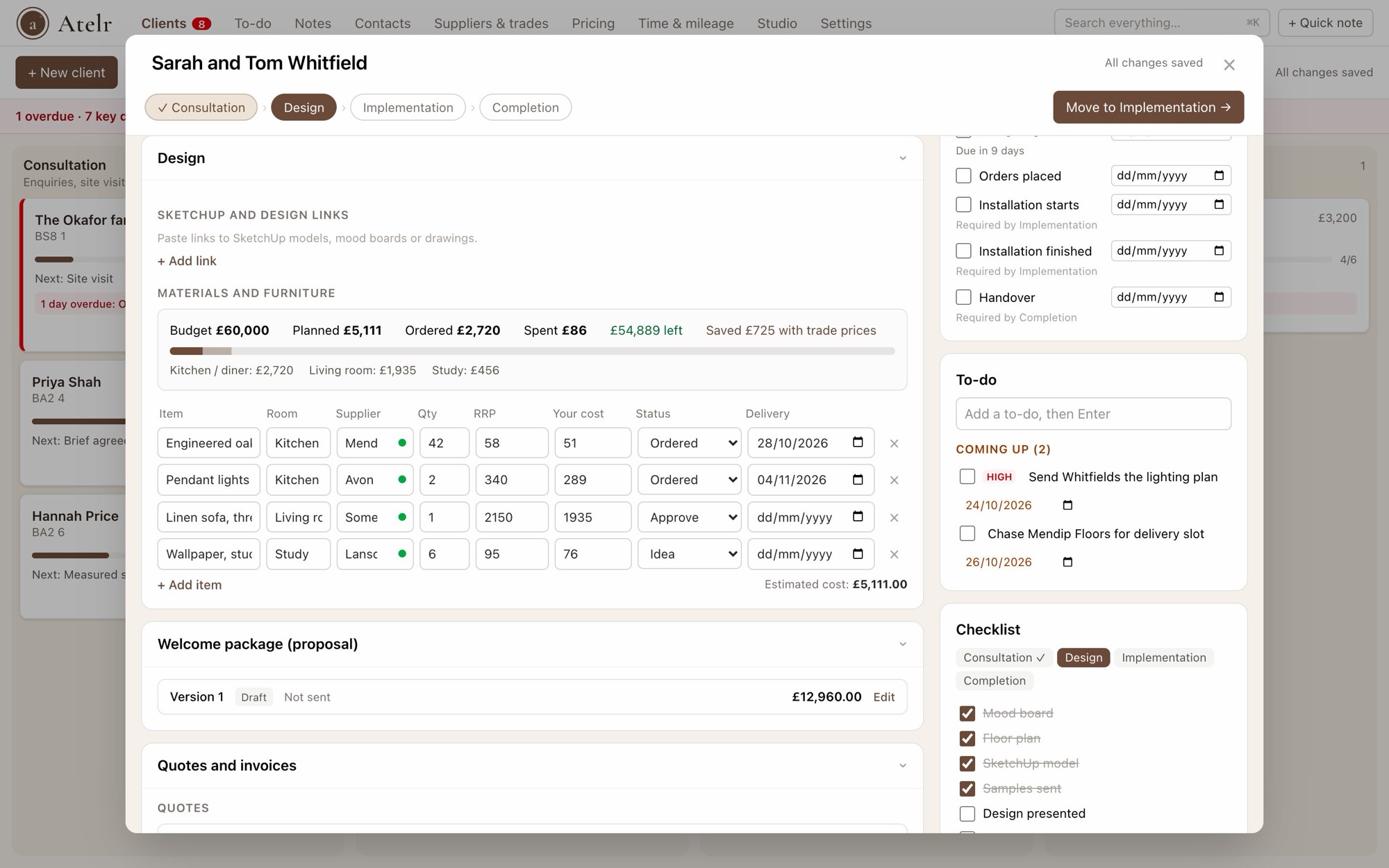 A client’s materials list with the budget tracker above it