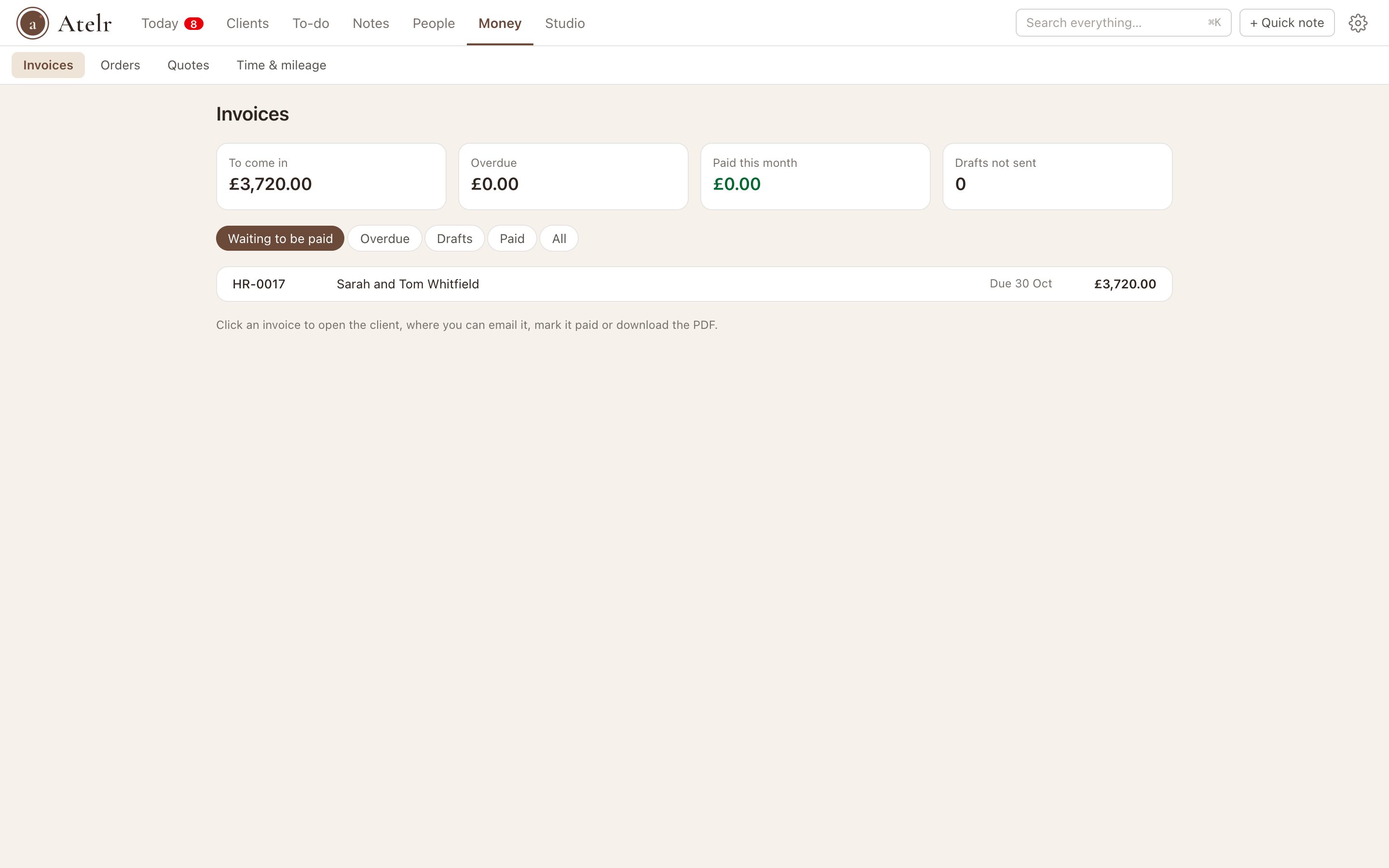 All invoices across clients with totals owed, overdue and paid this month