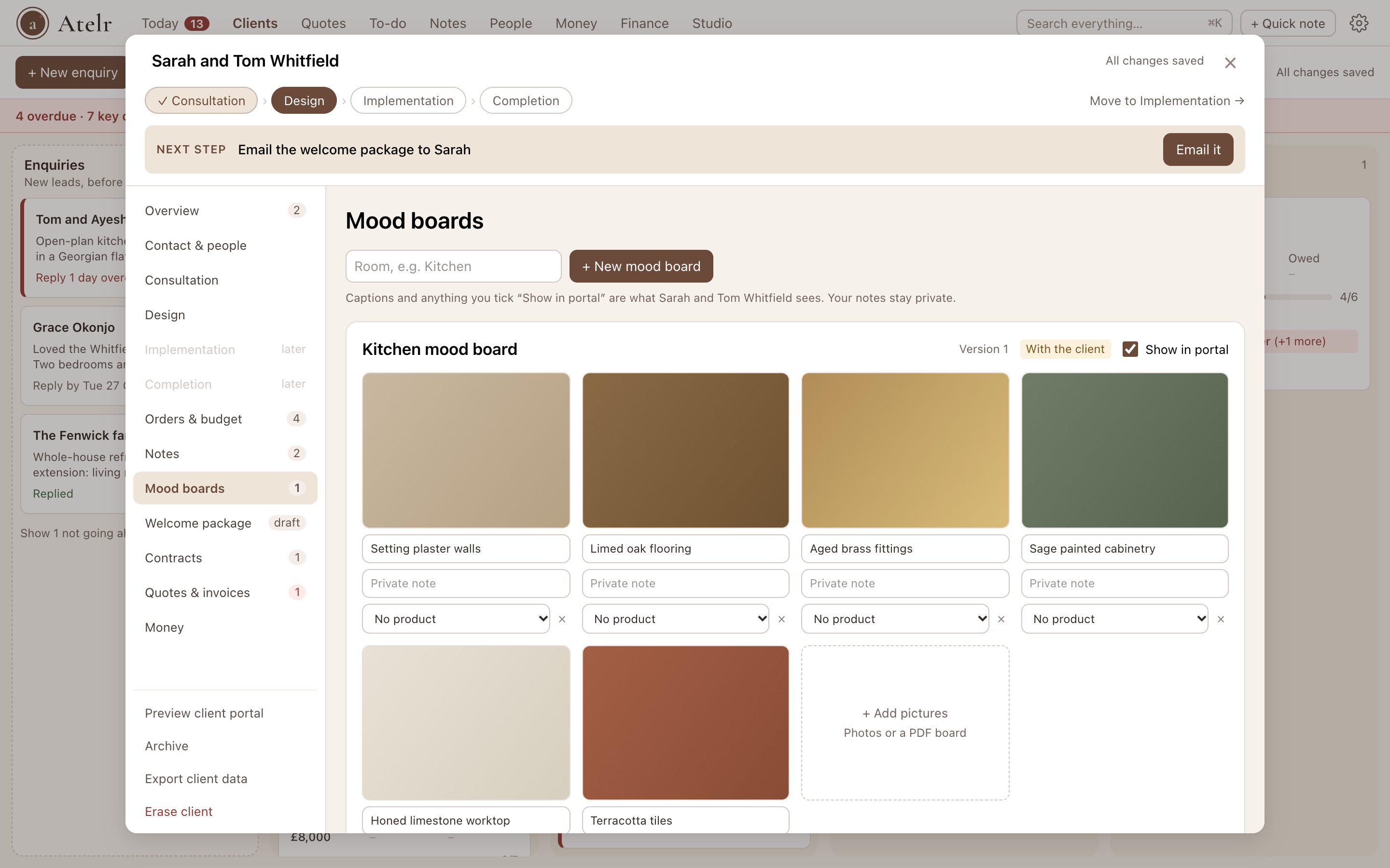 A kitchen mood board with captioned swatches for walls, flooring, brass fittings, cabinetry, worktop and tiles