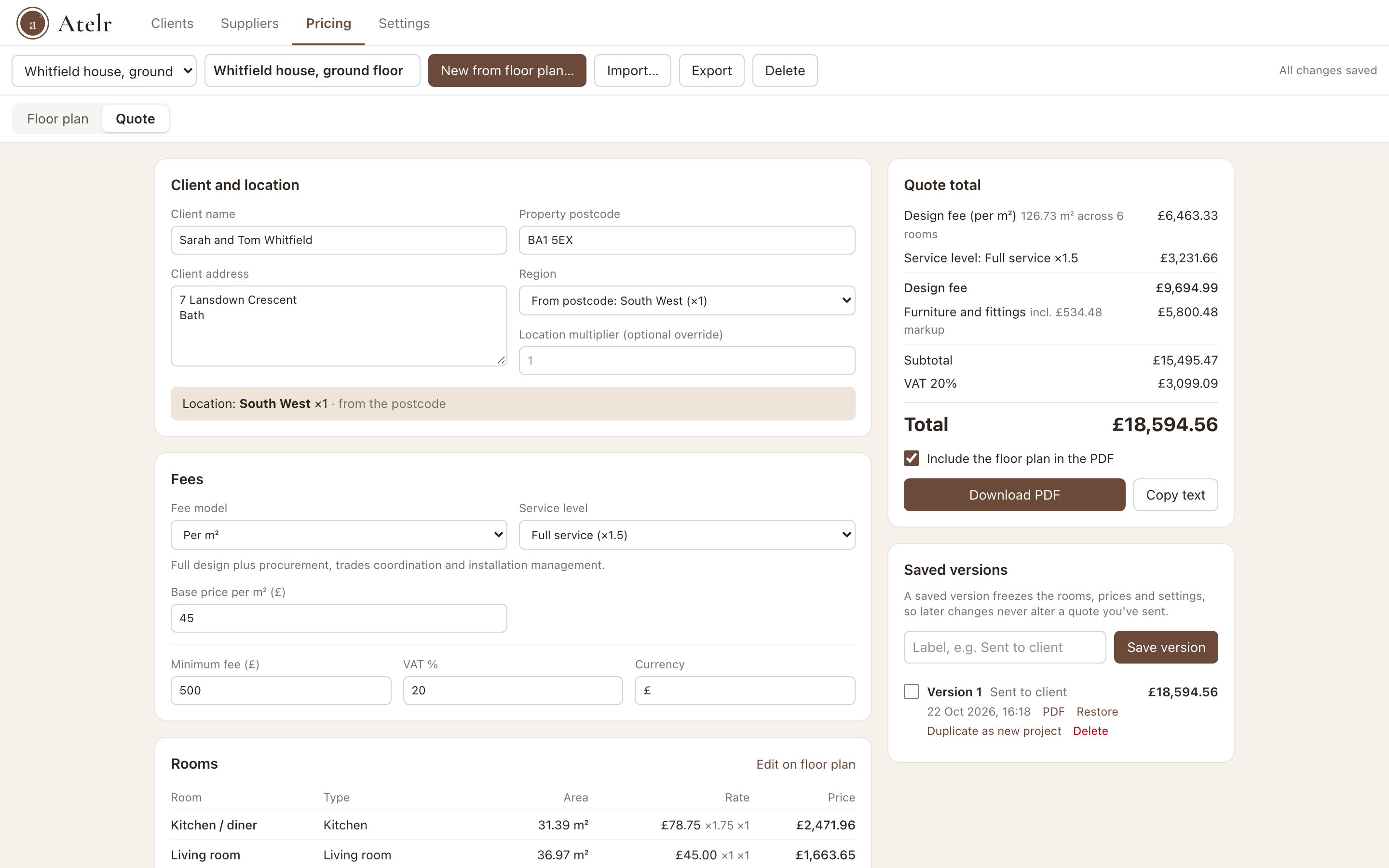 Atelr quote screen: client and location, fee model and service level, with the quote total and VAT