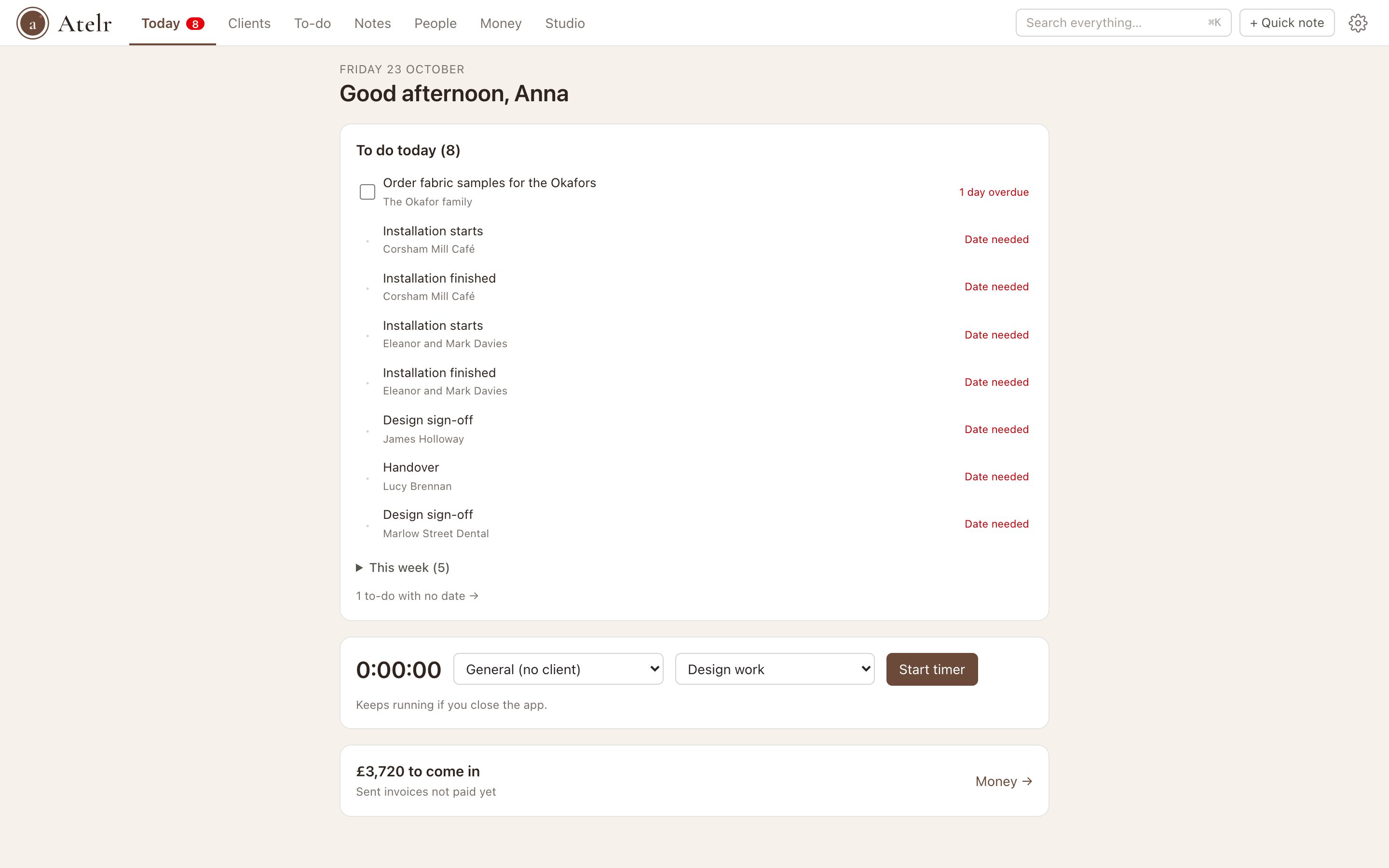 The Today page: things due today across clients, with the timer and money still to come in