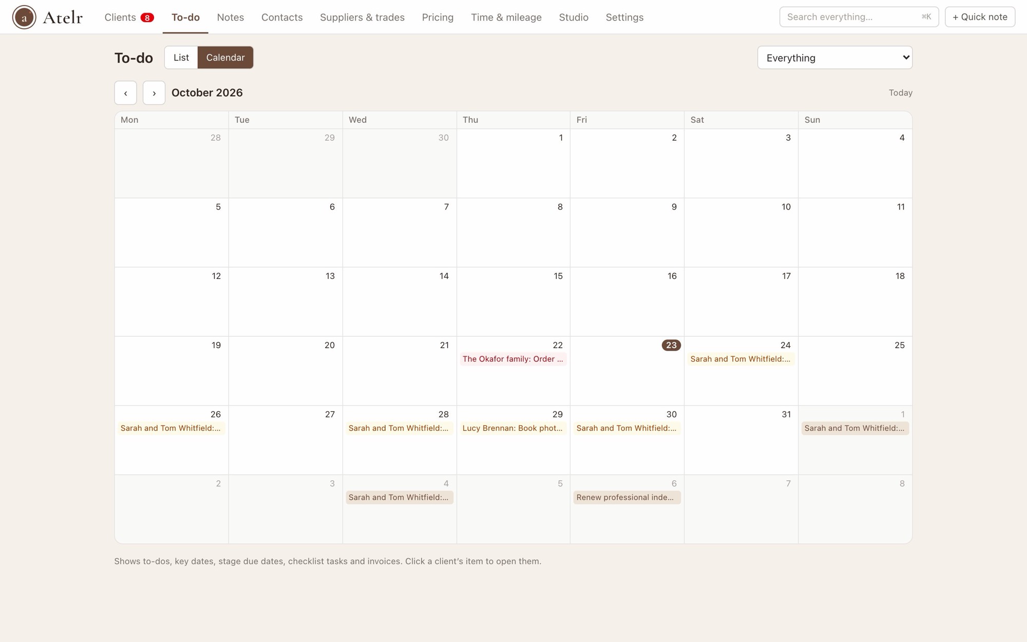 The to-do calendar for the month